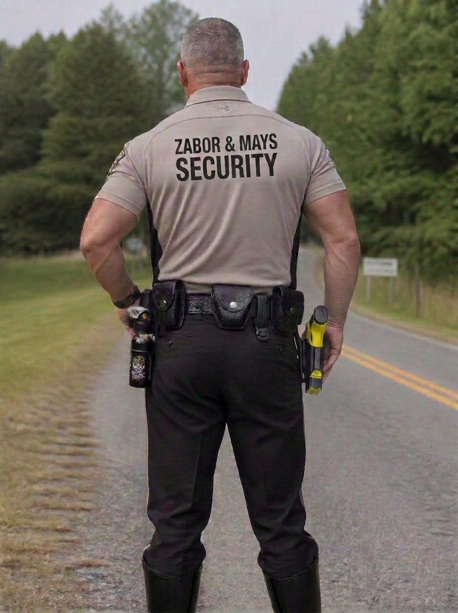 Zabor & Mays Security guard viewed from behind with a belt-mounted yellow Taser and bear spray