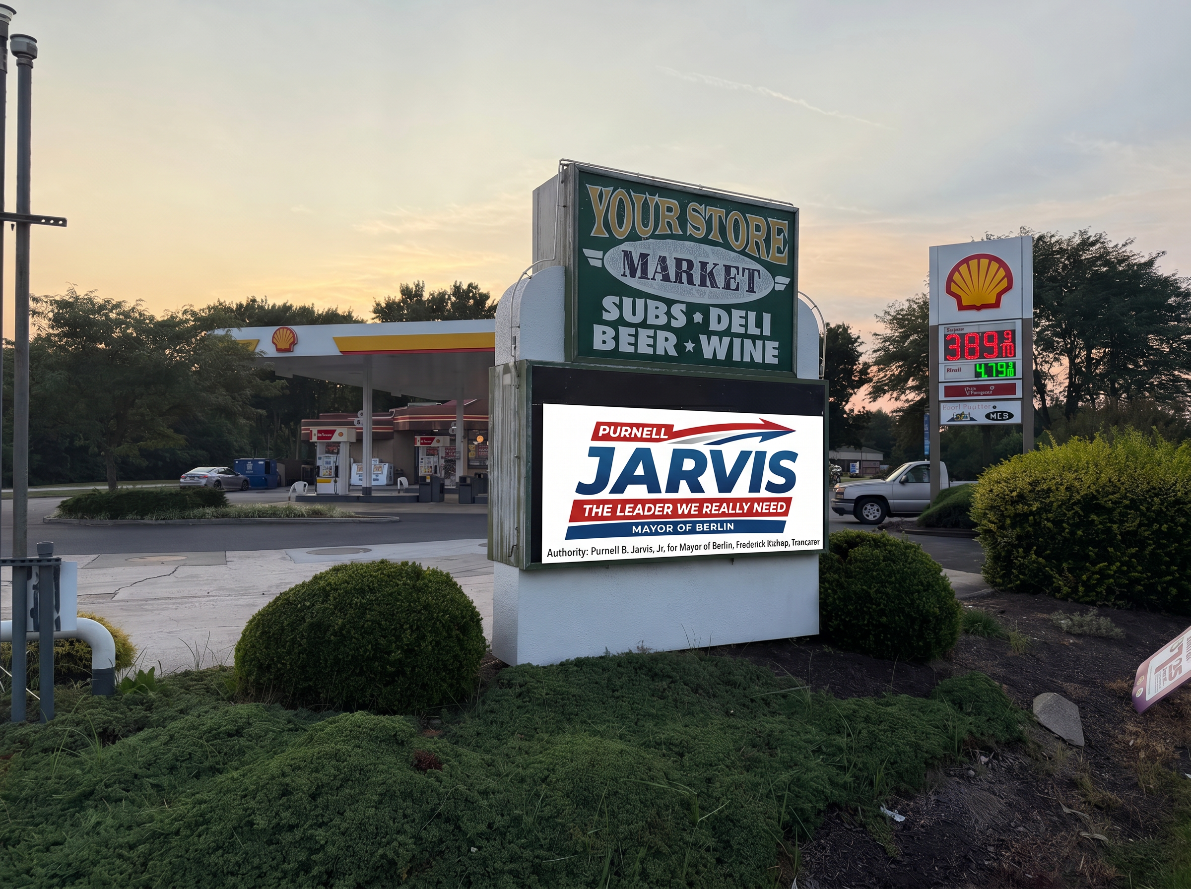 Purnell Jarvis "The Leader We Really Need — Mayor of Berlin" campaign logo displayed on the Your Store Market electronic sign
